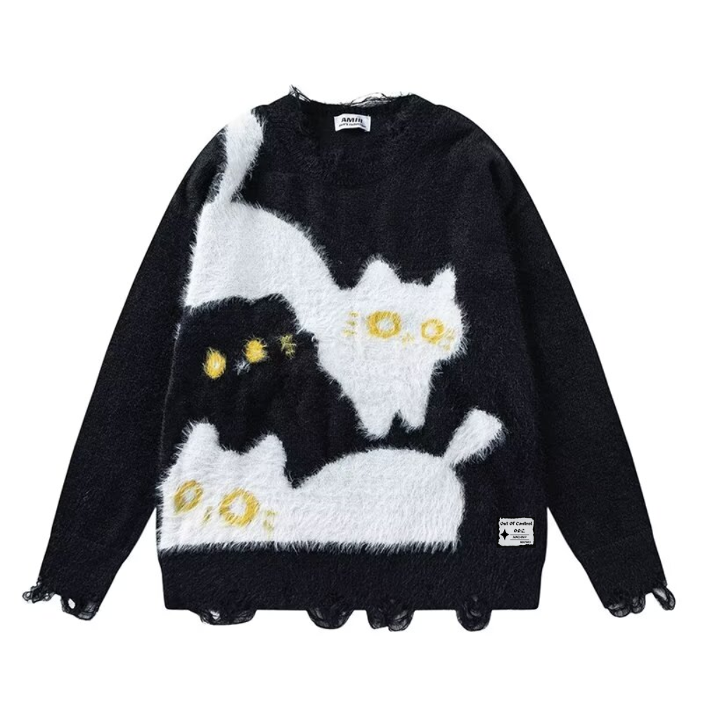 OOC' Cute Cat Pattern Ripped Knitted Sweater