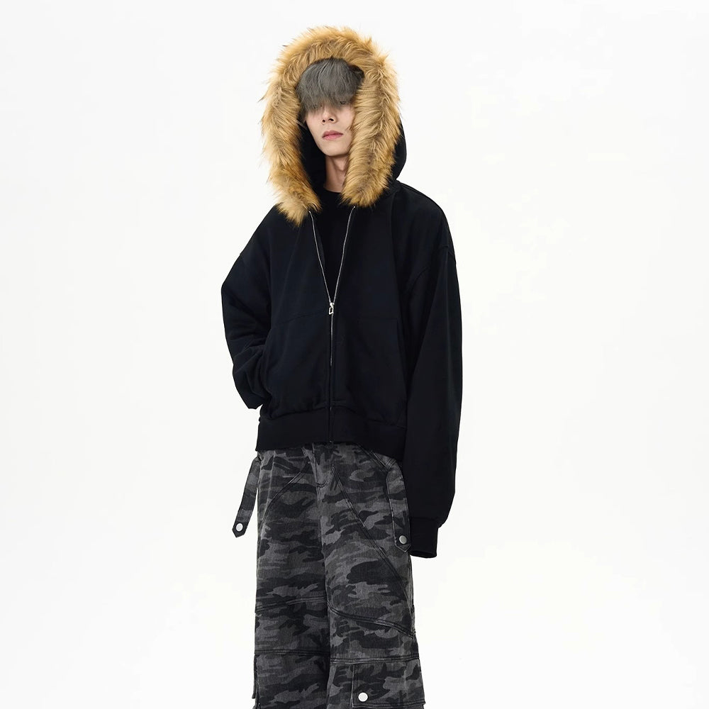 Fur Collar Zip-up Cardigan With Hood Jacket