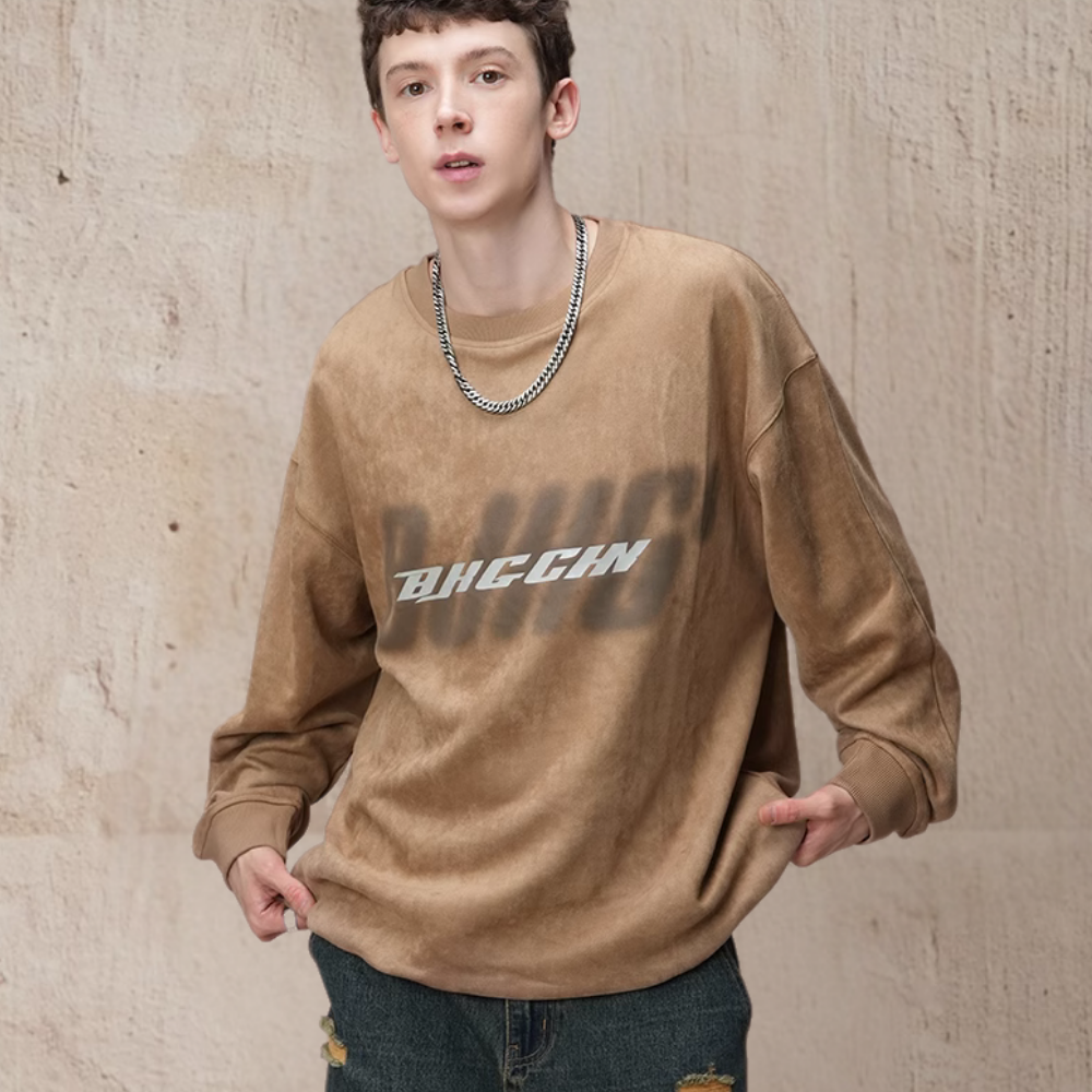 Casual Suede Reflective Letter Print Sweatshirt
