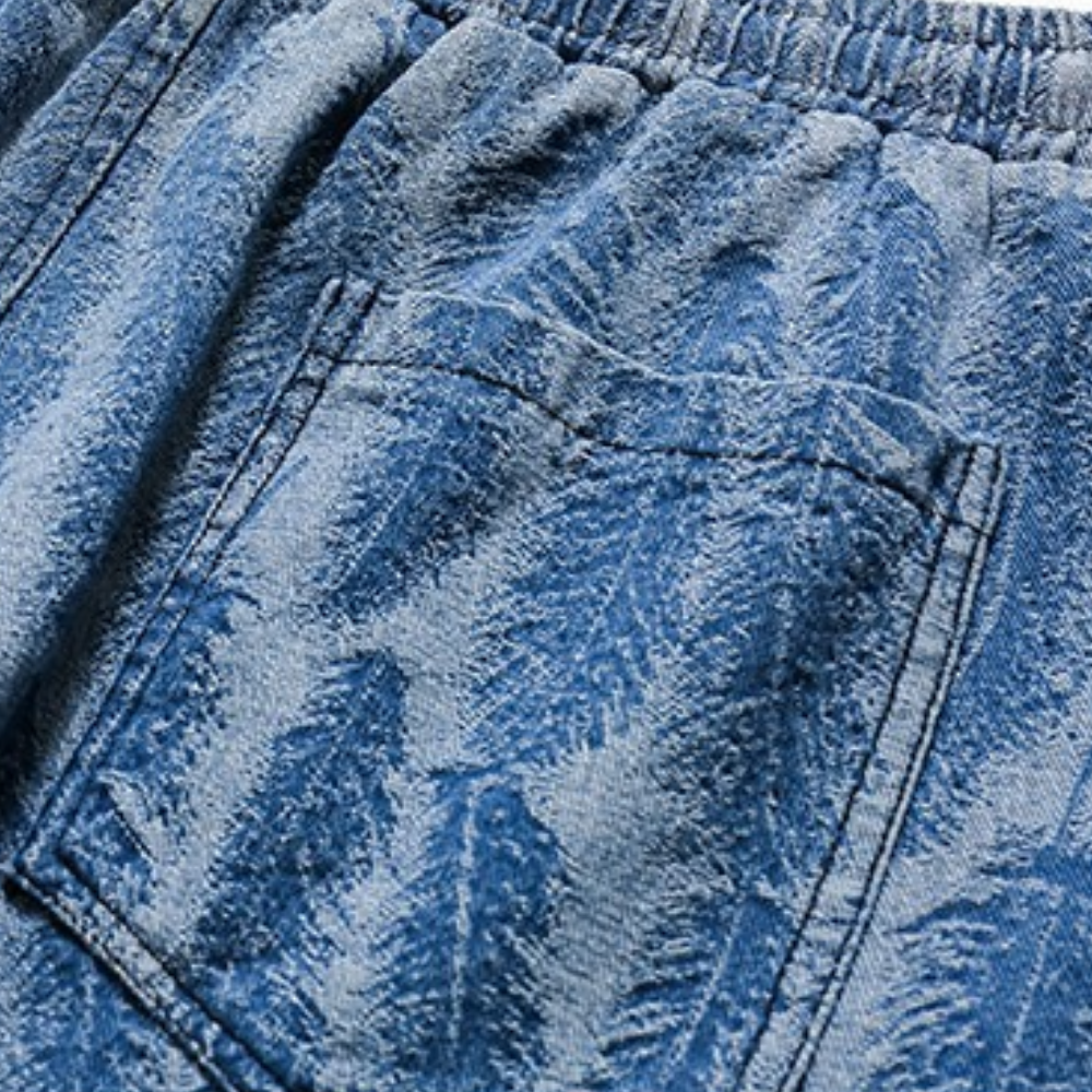 Street Feather Jacquard Frayed Denim Shorts