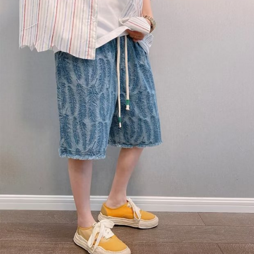 Street Feather Jacquard Frayed Denim Shorts