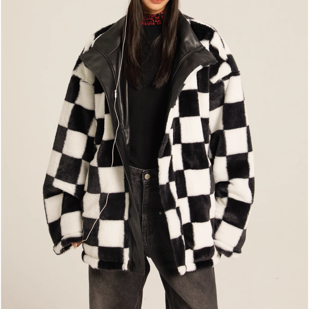 Women's Loose Checkerboard PU Coat
