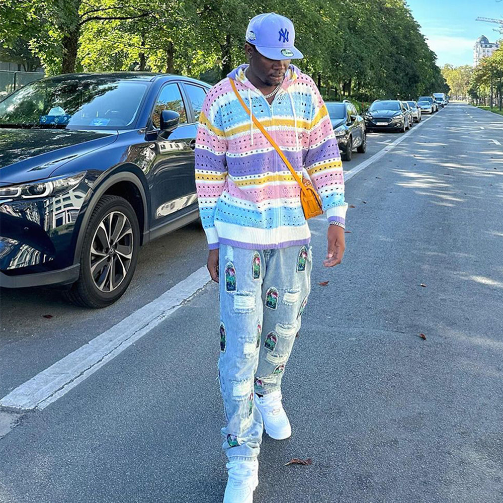 Casual Hollow Rainbow Strip Knitting Zipper Hoodies