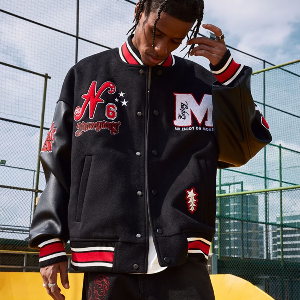 American Pattern Embroidered PU Panel Varsity Jacket