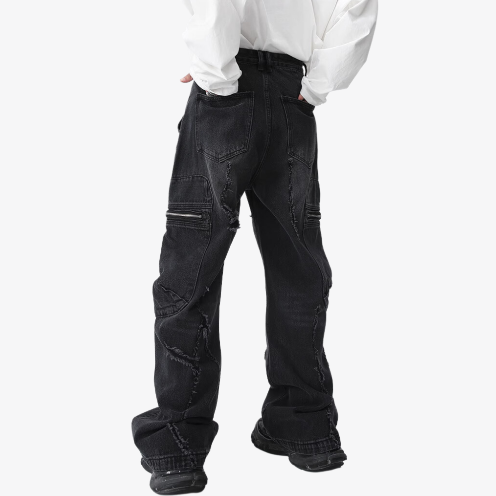 Irregular Hole Solid Color Cargo Jeans
