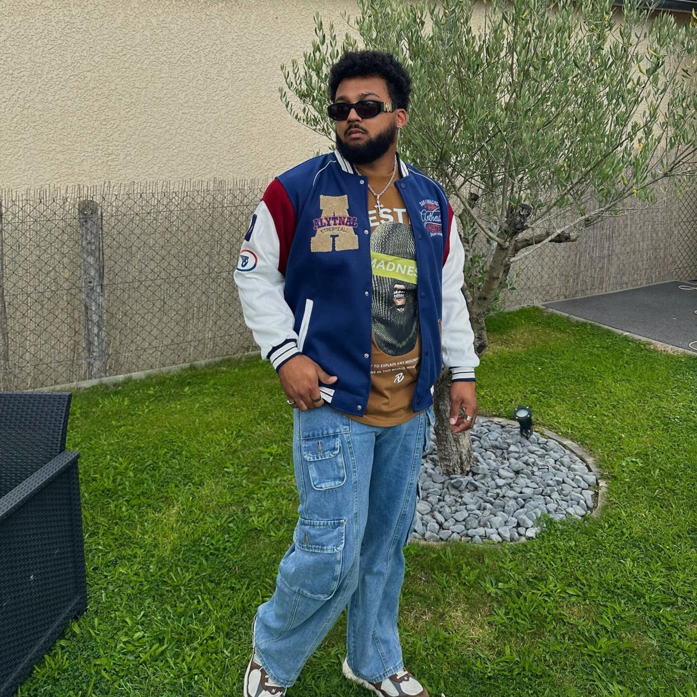 Flocked Jacquard Contrast Varsity Jacket