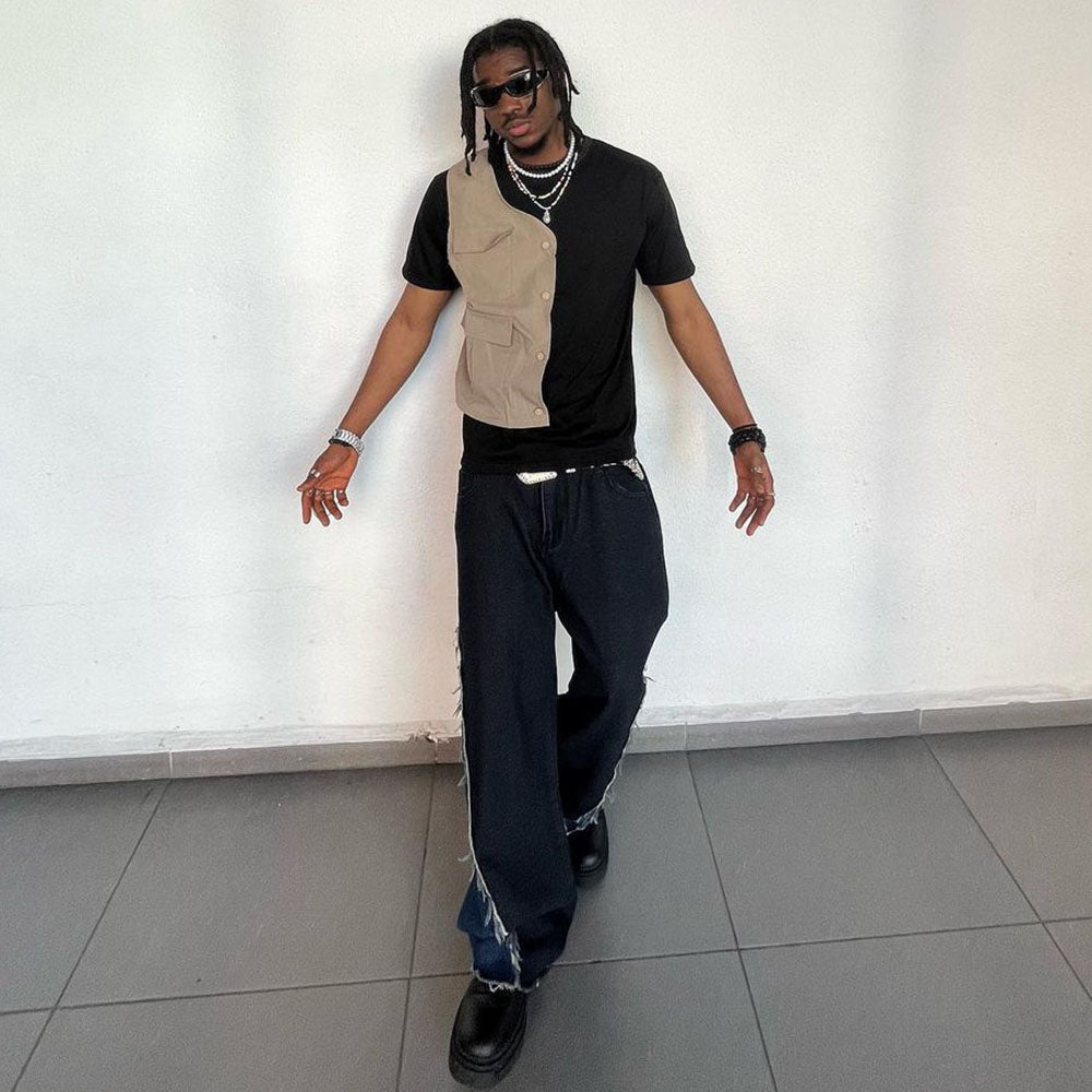 Raw Edge Color Patchwork Distressed Jeans