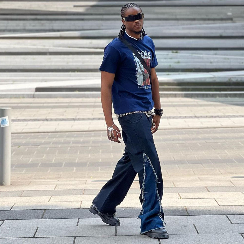 Raw Edge Color Patchwork Distressed Jeans