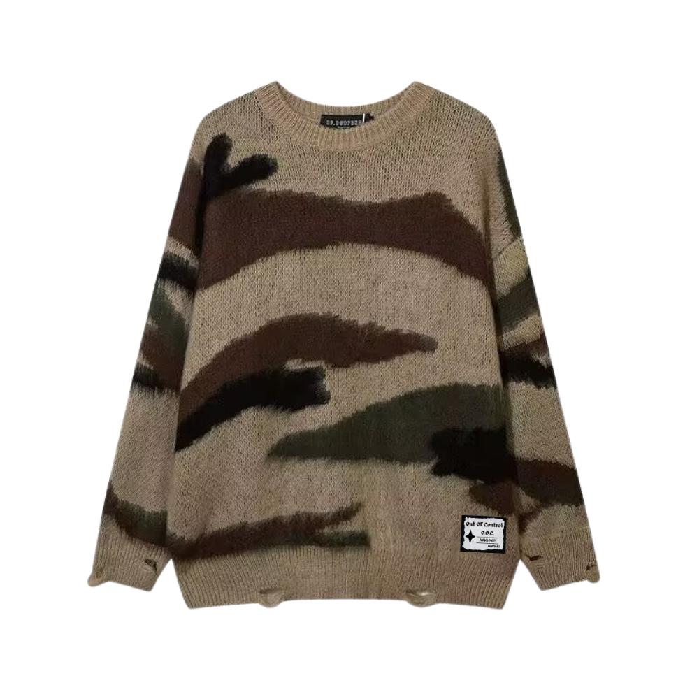 OOC' Retro Camouflage Irregular Striped Ripped Knitted Sweater