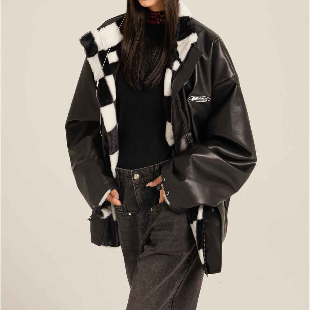 Women's Loose Checkerboard PU Coat