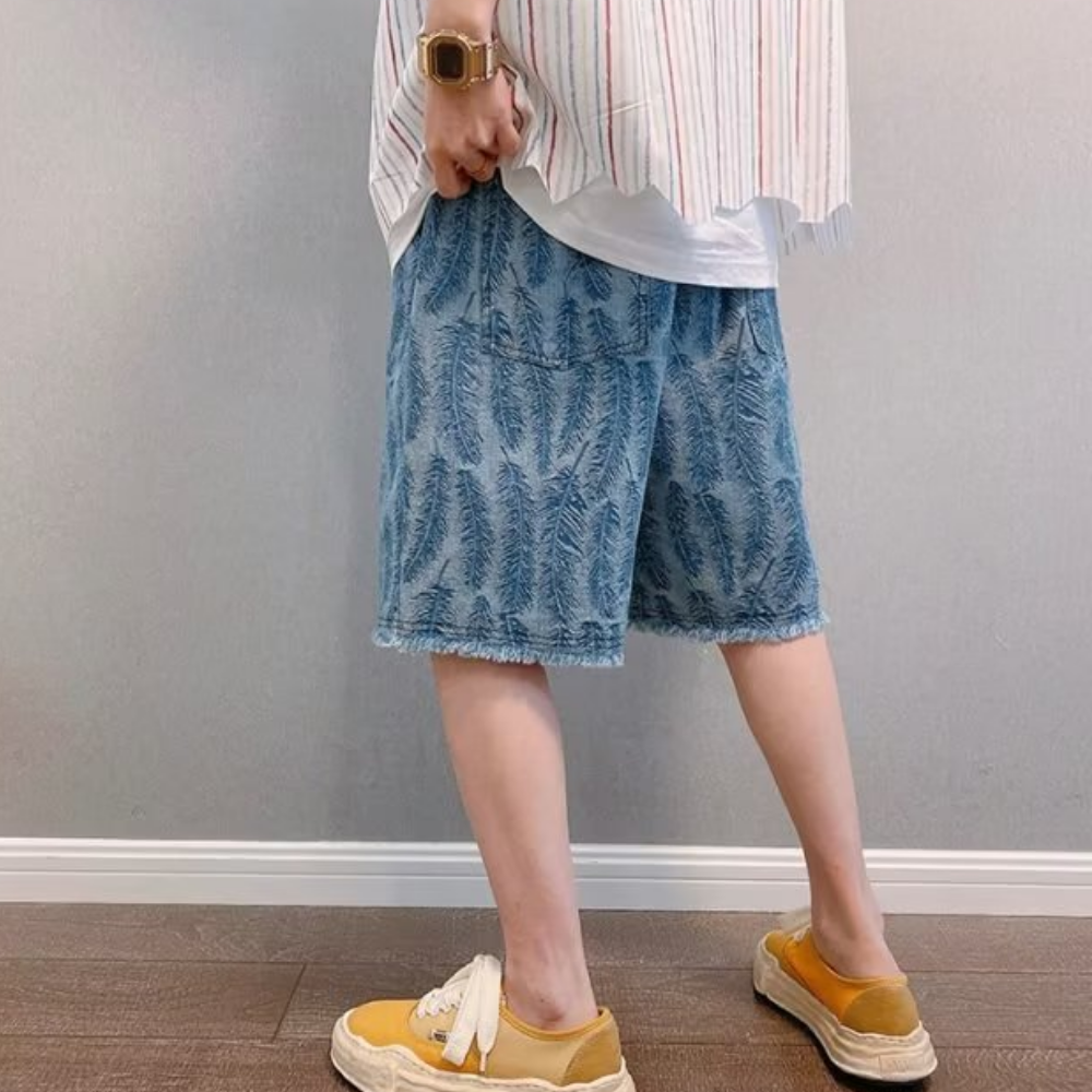 Street Feather Jacquard Frayed Denim Shorts