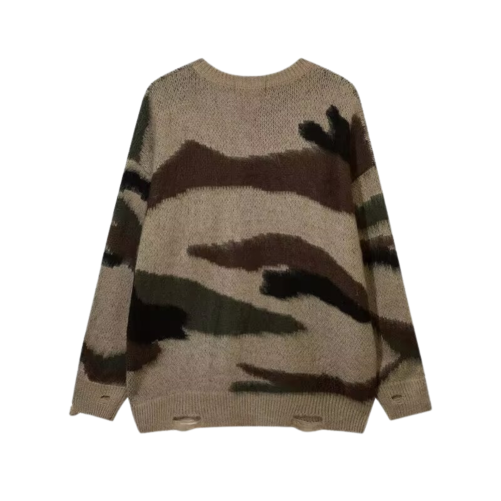 OOC' Retro Camouflage Irregular Striped Ripped Knitted Sweater