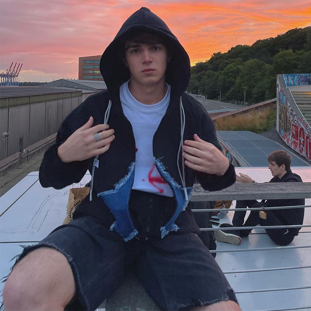 Retro Star Patchwork Denim Hoodie