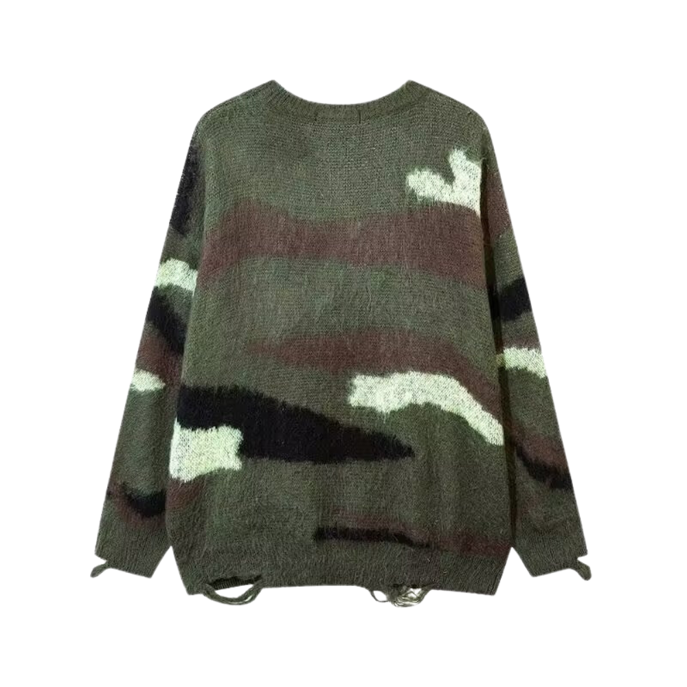 OOC' Retro Camouflage Irregular Striped Ripped Knitted Sweater