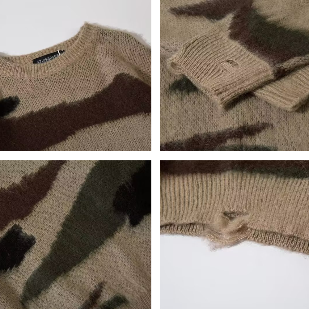 OOC' Retro Camouflage Irregular Striped Ripped Knitted Sweater