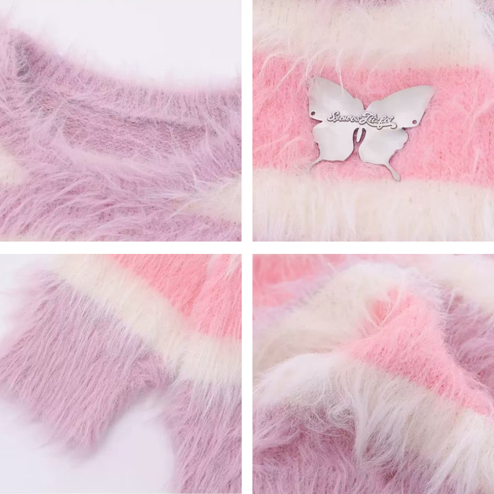 OOC' Faux Mink Butterfly Striped Crew Neck Sweater
