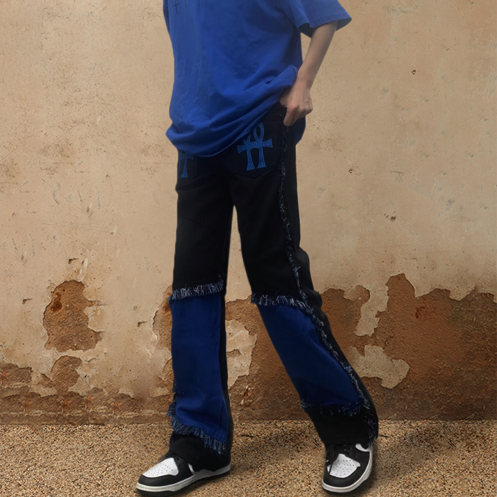 Harajuku Style Contrast Fringed Jeans