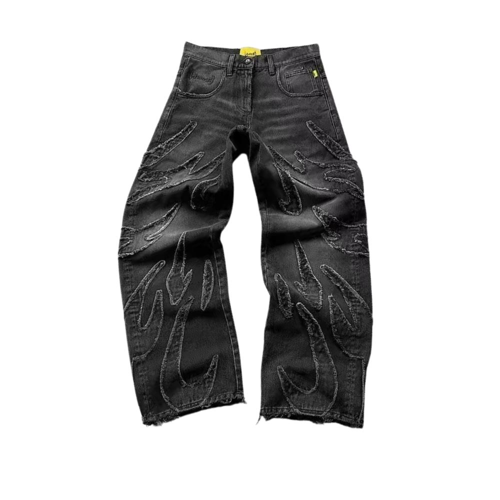 Unseen Echoes Blaze Carved Black — Handcrafted Denim Inferno Jeans
