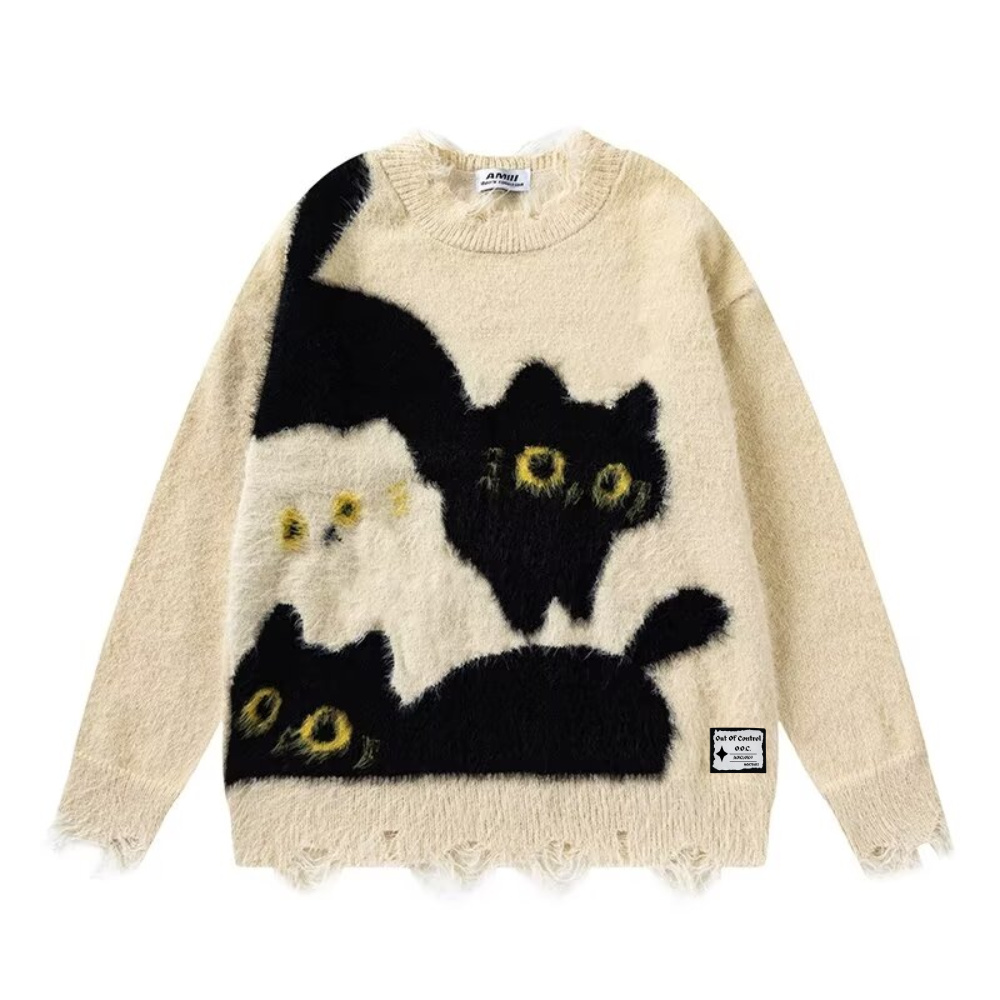 OOC' Cute Cat Pattern Ripped Knitted Sweater
