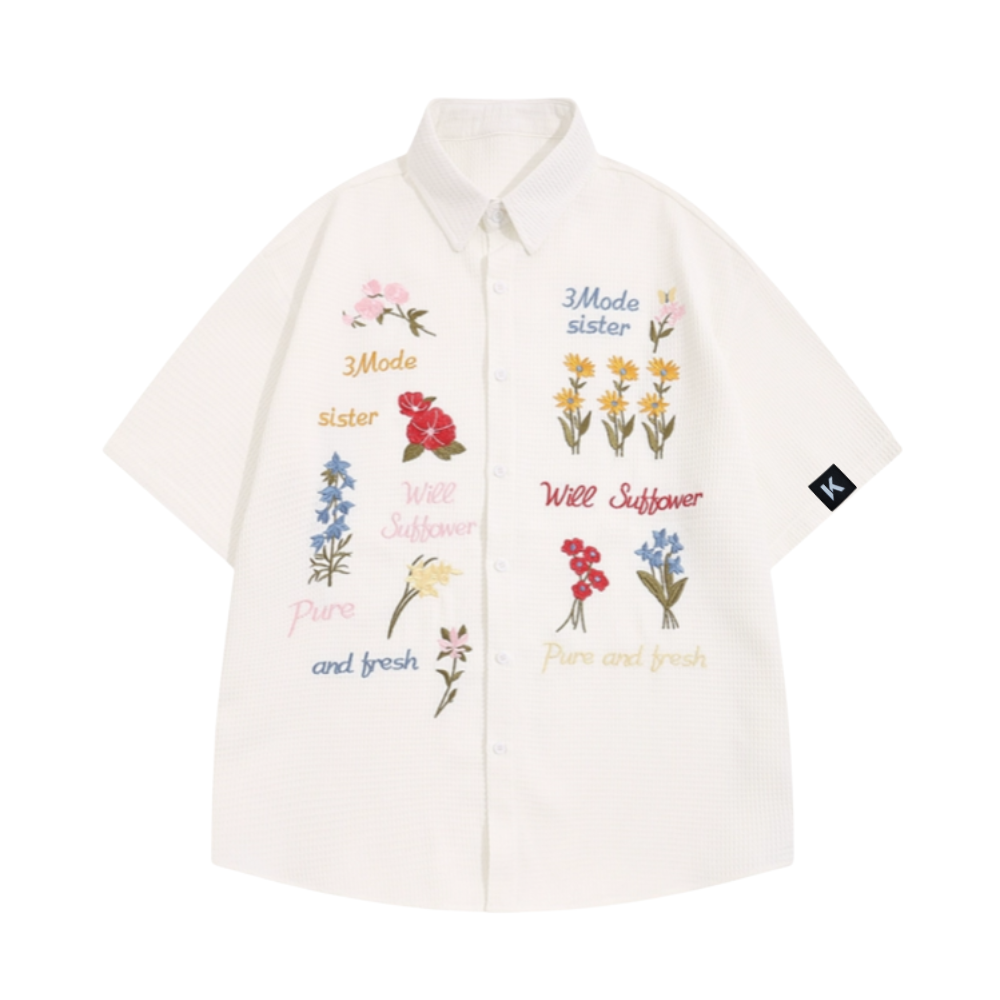 Retro Waffle Colored Floral Embroidered Shirt