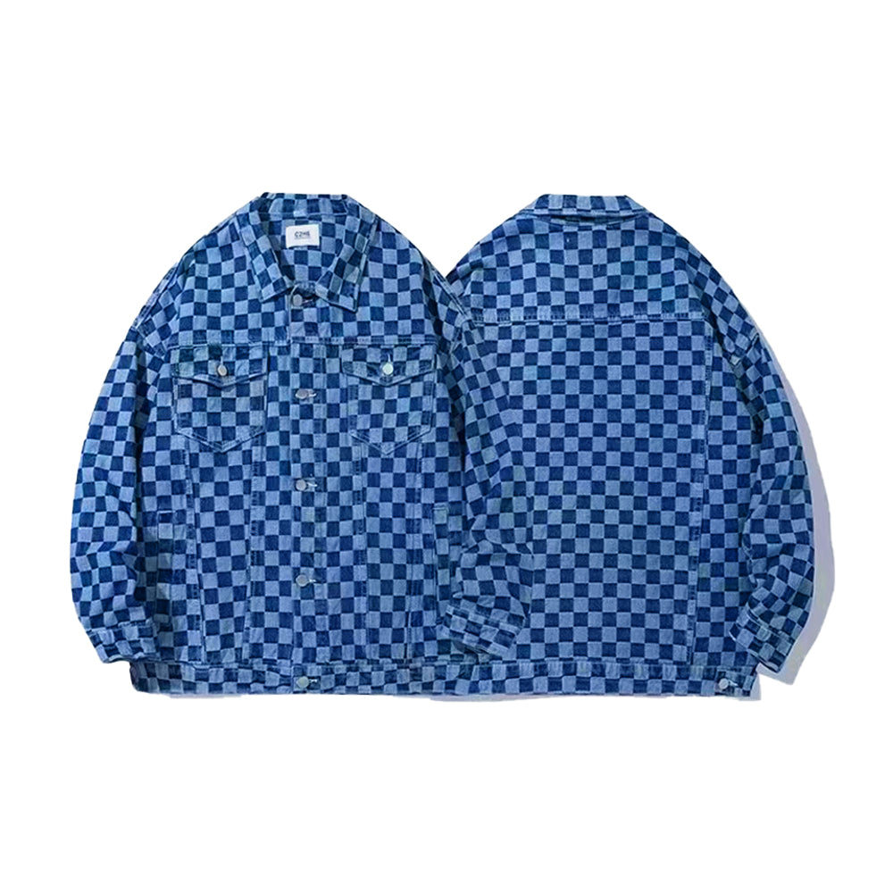 Street Checkerboard Lapel Denim Jackets