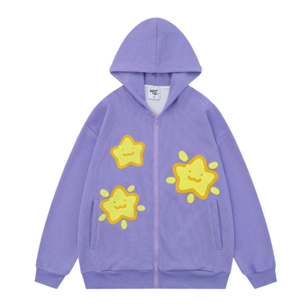 Cute Star Waffle Fabric Zipper Hoodies