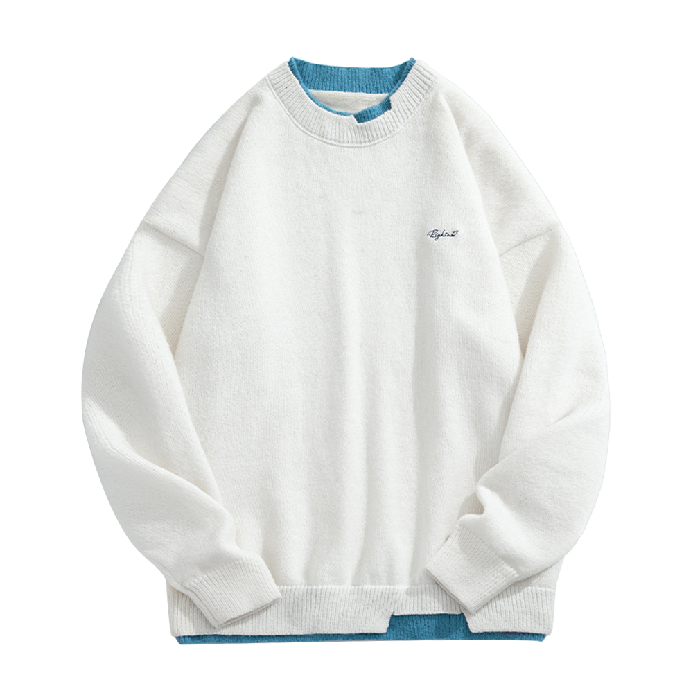 Japanese Contrast Color Fake Two Pieces Sweater