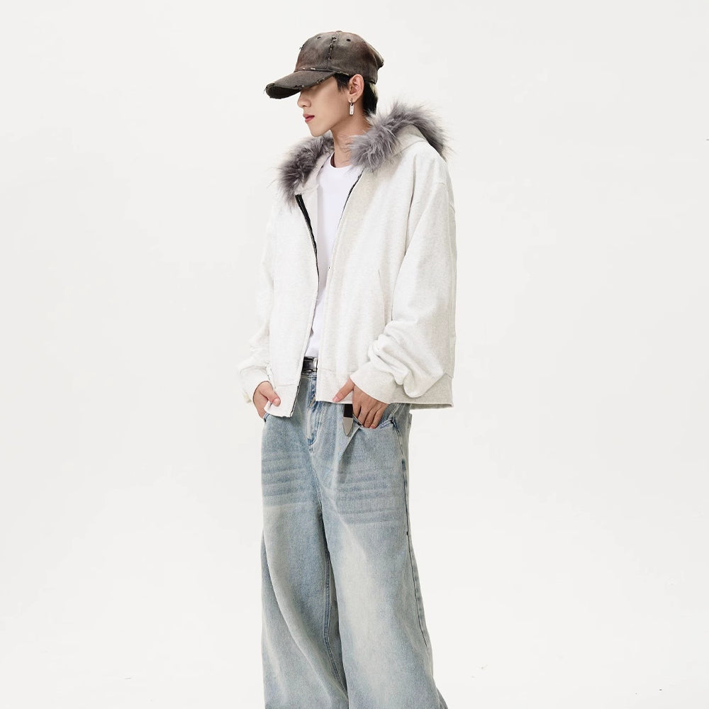 Fur Collar Zip-up Cardigan With Hood Jacket