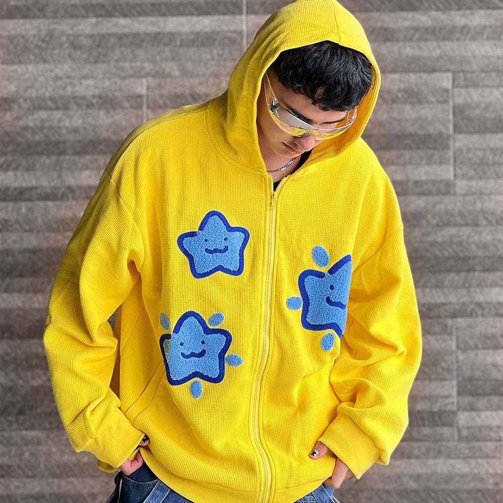 Cute Star Waffle Fabric Zipper Hoodies