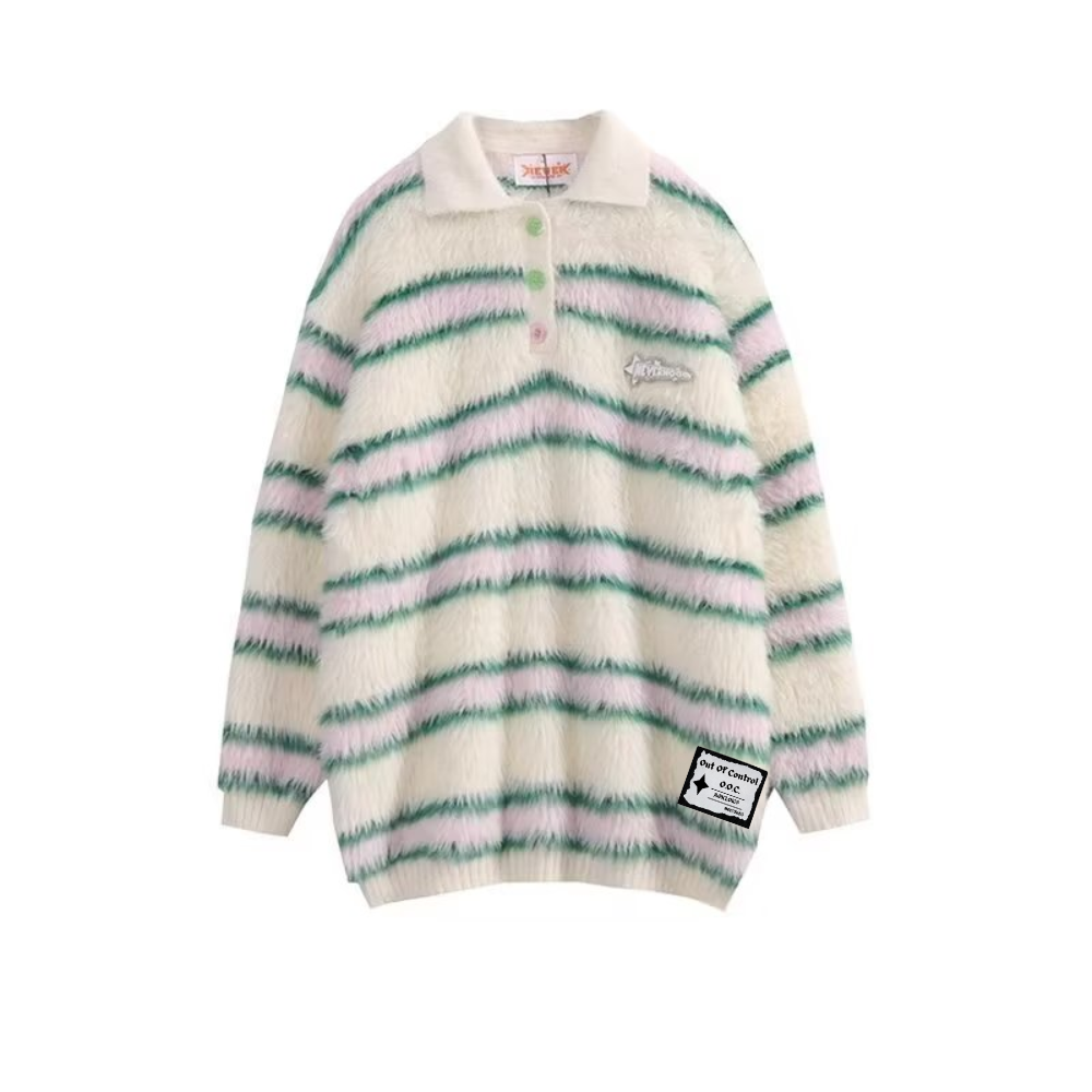OOC' Vintage Loose Mink Polo Collar Striped Sweater