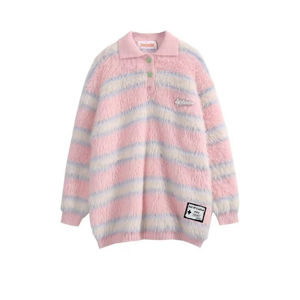 OOC' Vintage Loose Mink Polo Collar Striped Sweater