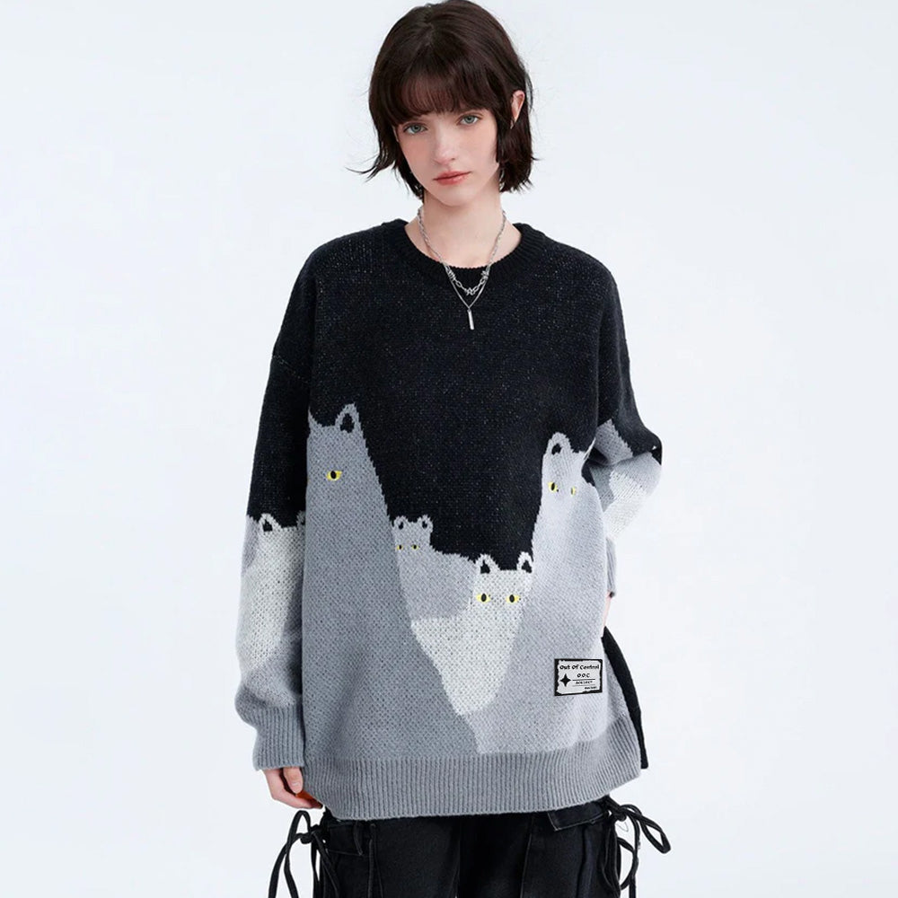 OOC' Cute Cat Color Block Sweater