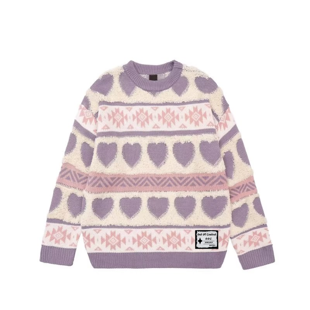 ⚡OOC' Retro Heart Jacquard Striped Knitted Sweater