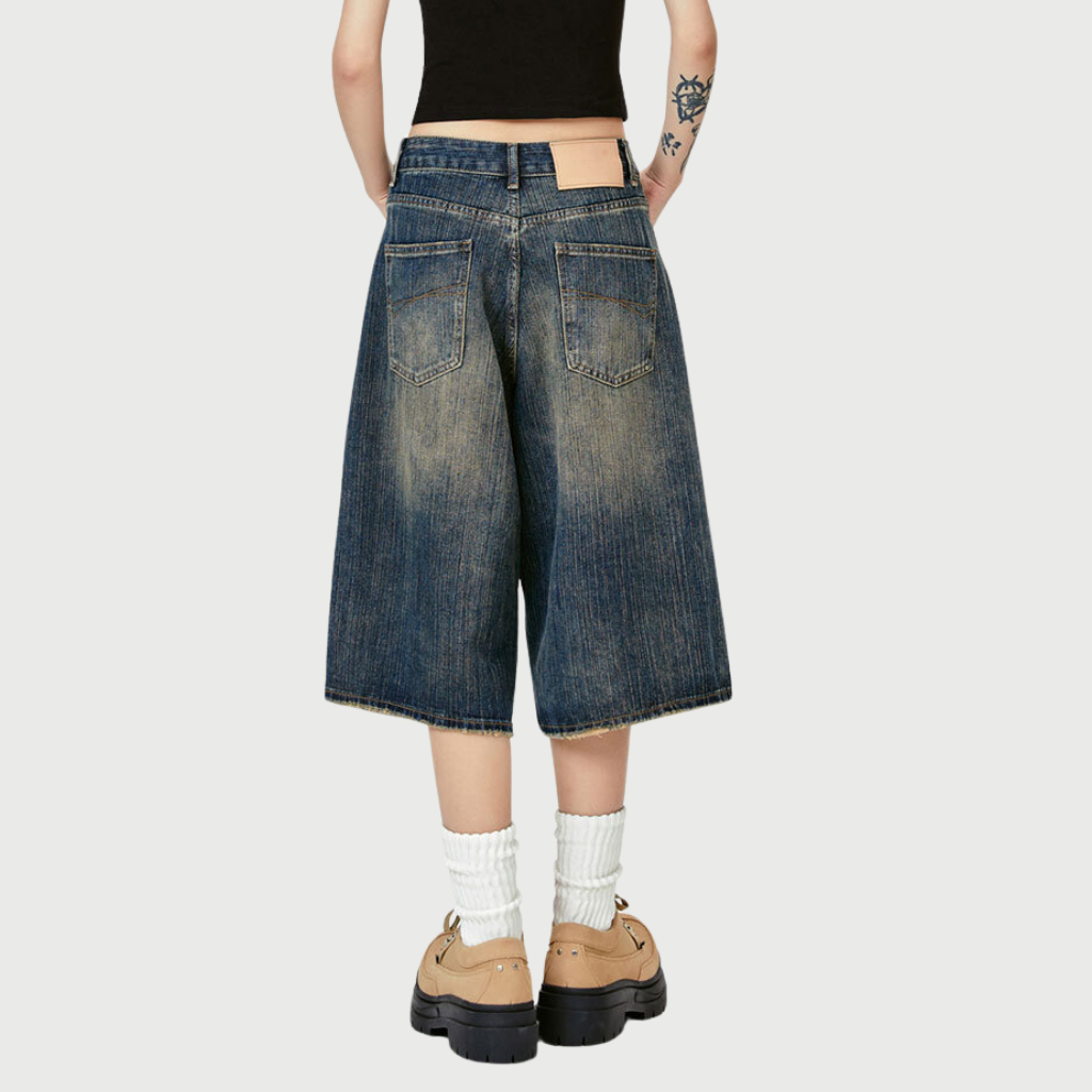 Retro Slub Striped Denim Shorts