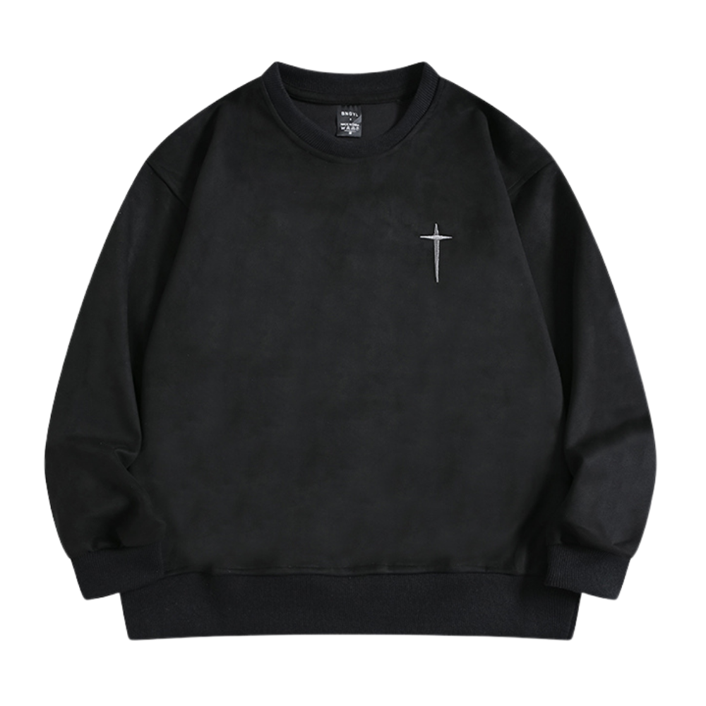 Street Cross Letter Embroidered Suede Sweatshirt