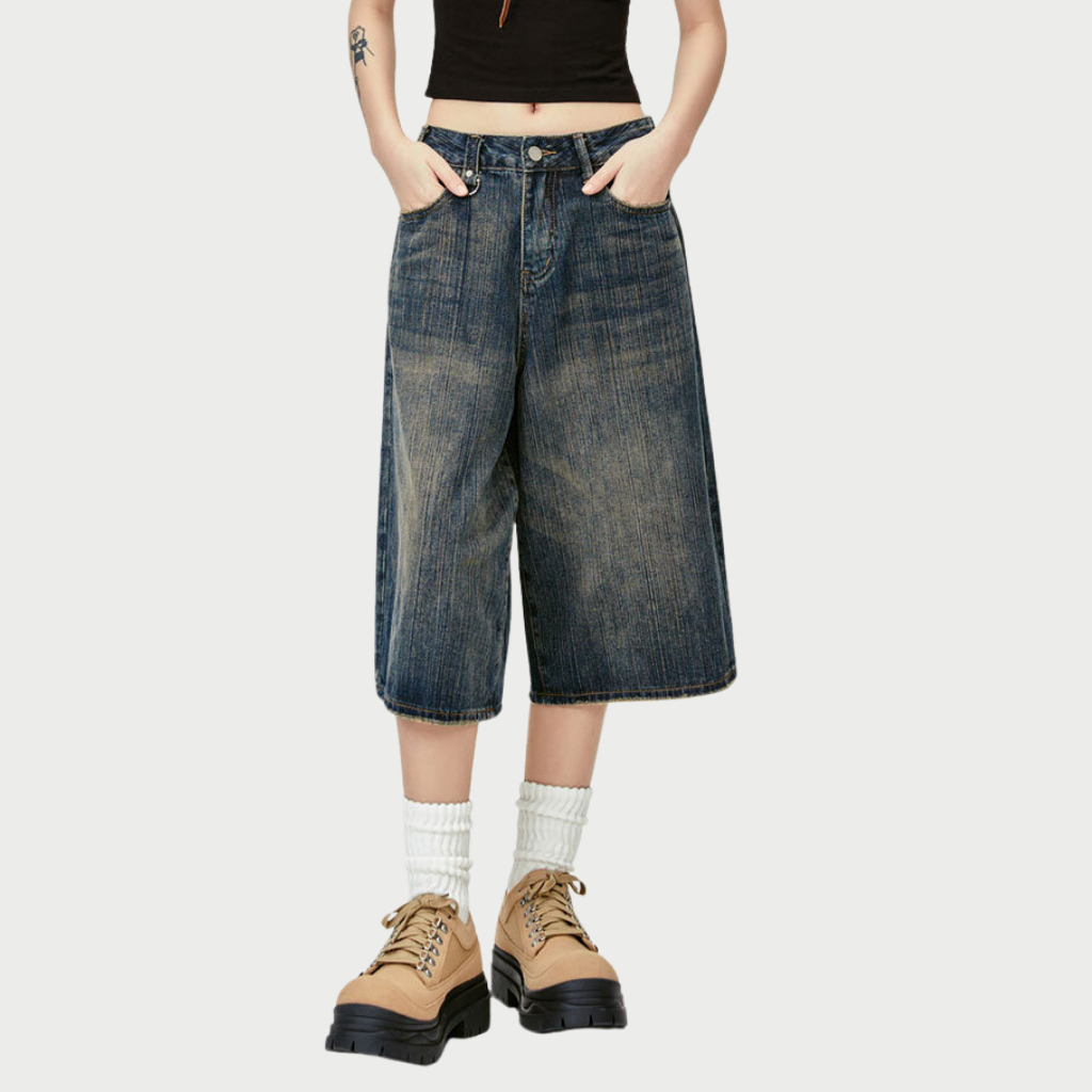 Retro Slub Striped Denim Shorts