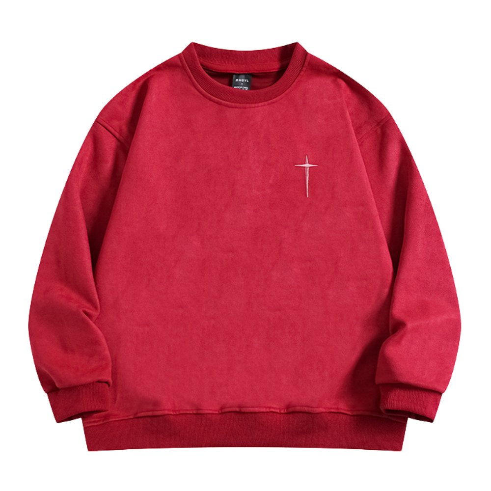 Street Cross Letter Embroidered Suede Sweatshirt