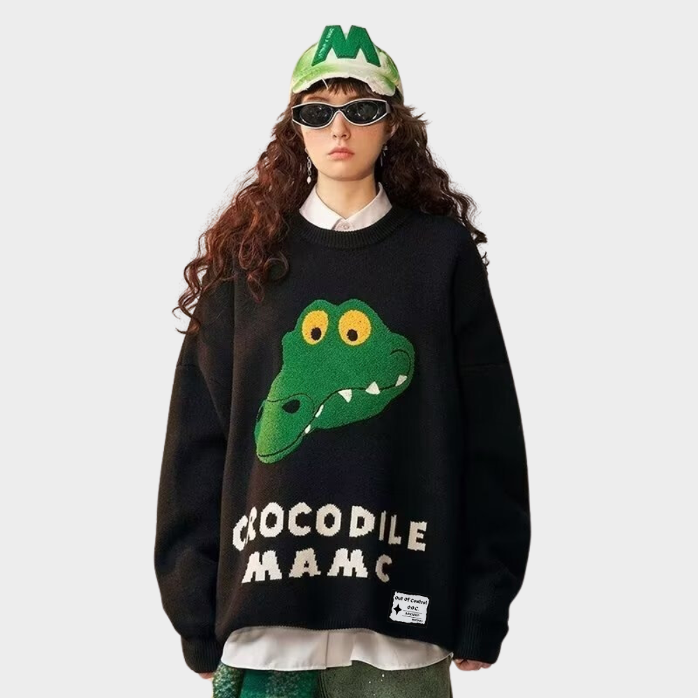 OOC' High Street Unisex Cartoon Crocodile Head Embroidery Knitted Sweater