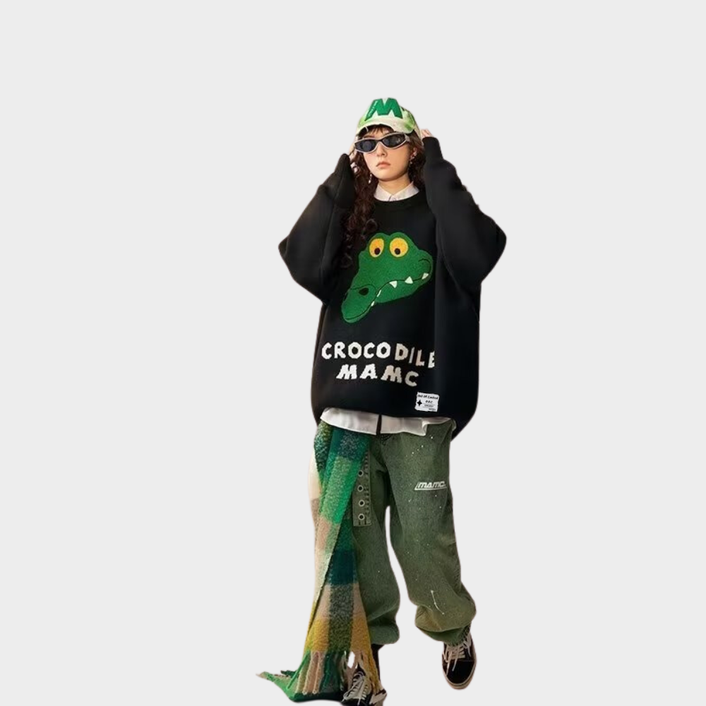OOC' High Street Unisex Cartoon Crocodile Head Embroidery Knitted Sweater