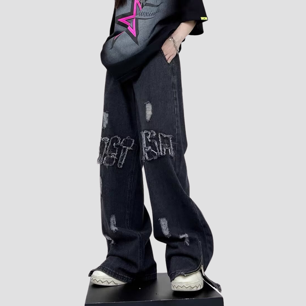 Street Lettering Patched Ripped Jeans