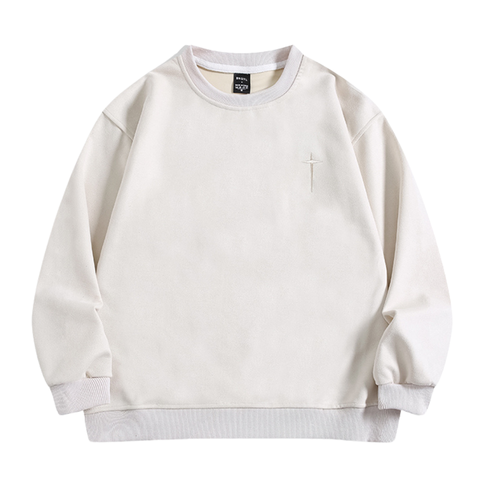 Street Cross Letter Embroidered Suede Sweatshirt