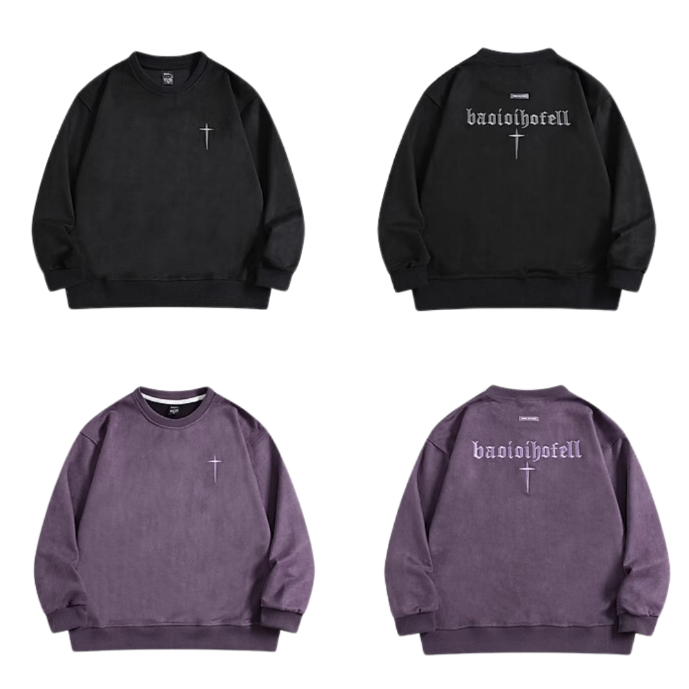 Street Cross Letter Embroidered Suede Sweatshirt