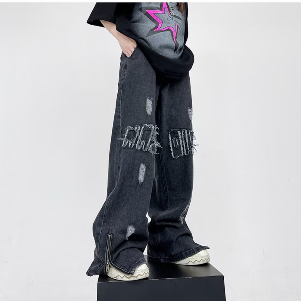 Street Lettering Patched Ripped Jeans