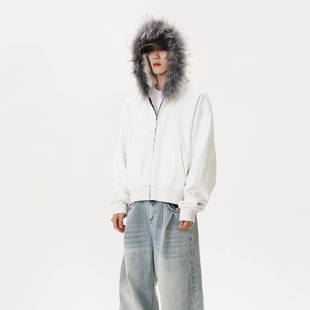Fur Collar Zip-up Cardigan With Hood Jacket