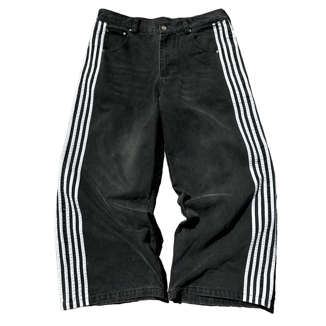 Unseen Echoes “Triple Line” Wide-Leg Denim — Black Striped Jeans