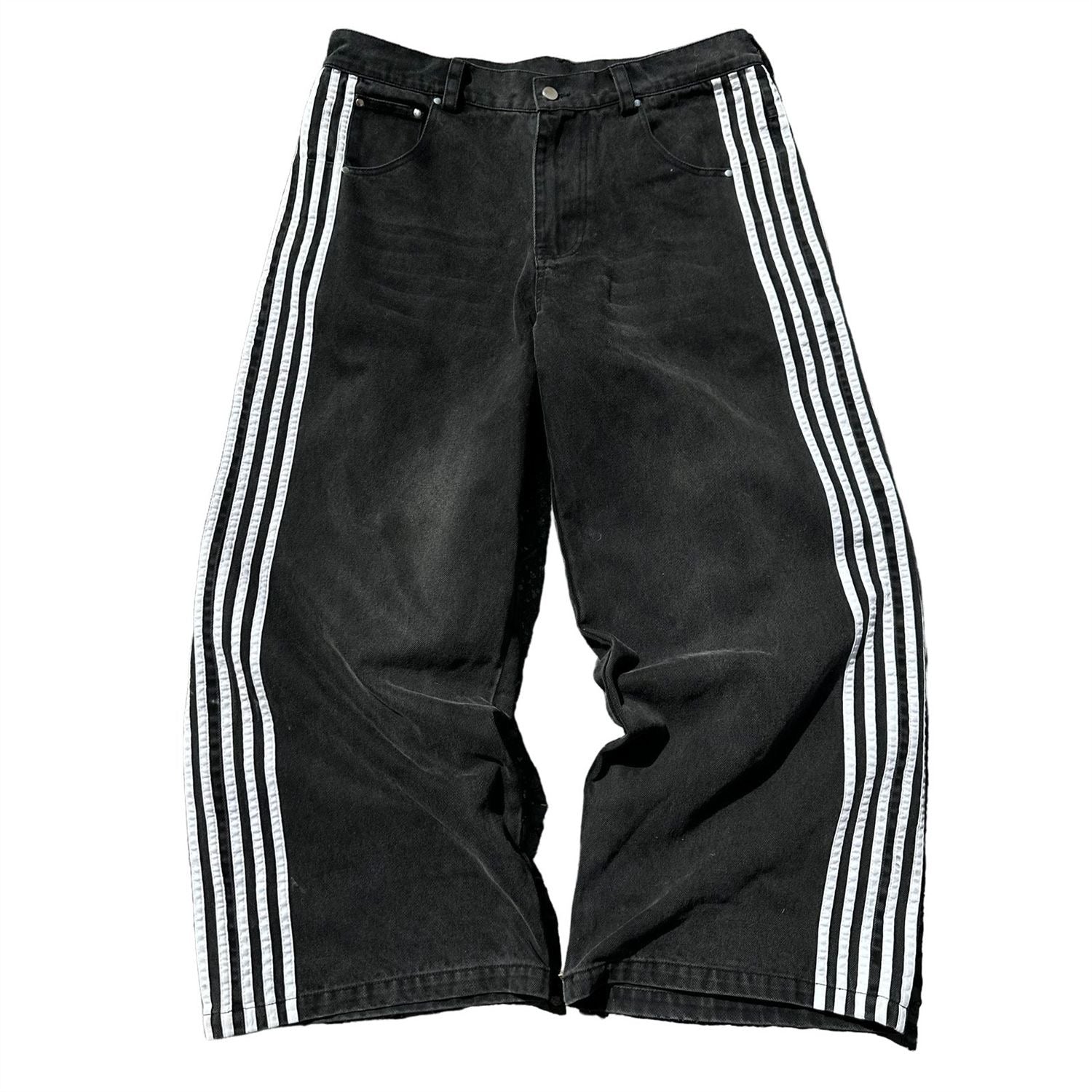Unseen Echoes “Triple Line” Wide-Leg Denim — Black Striped Jeans