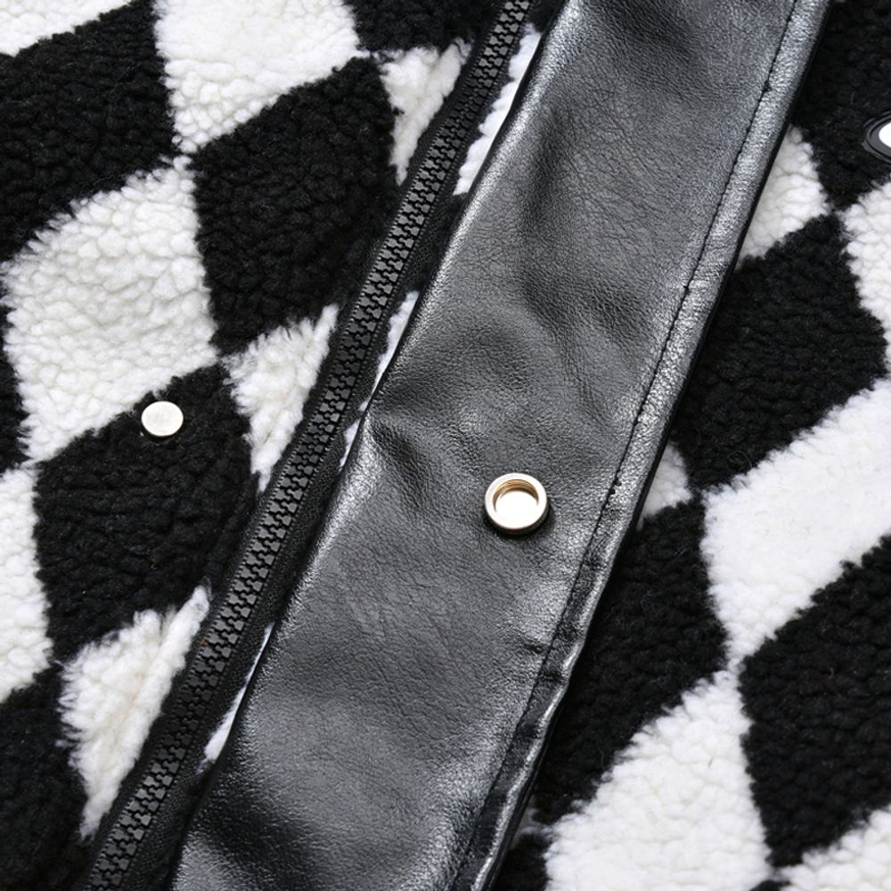 【NOW TREND】Plaid Leather Button Sherpa Coat
