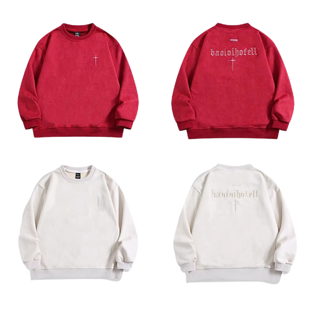 Street Cross Letter Embroidered Suede Sweatshirt