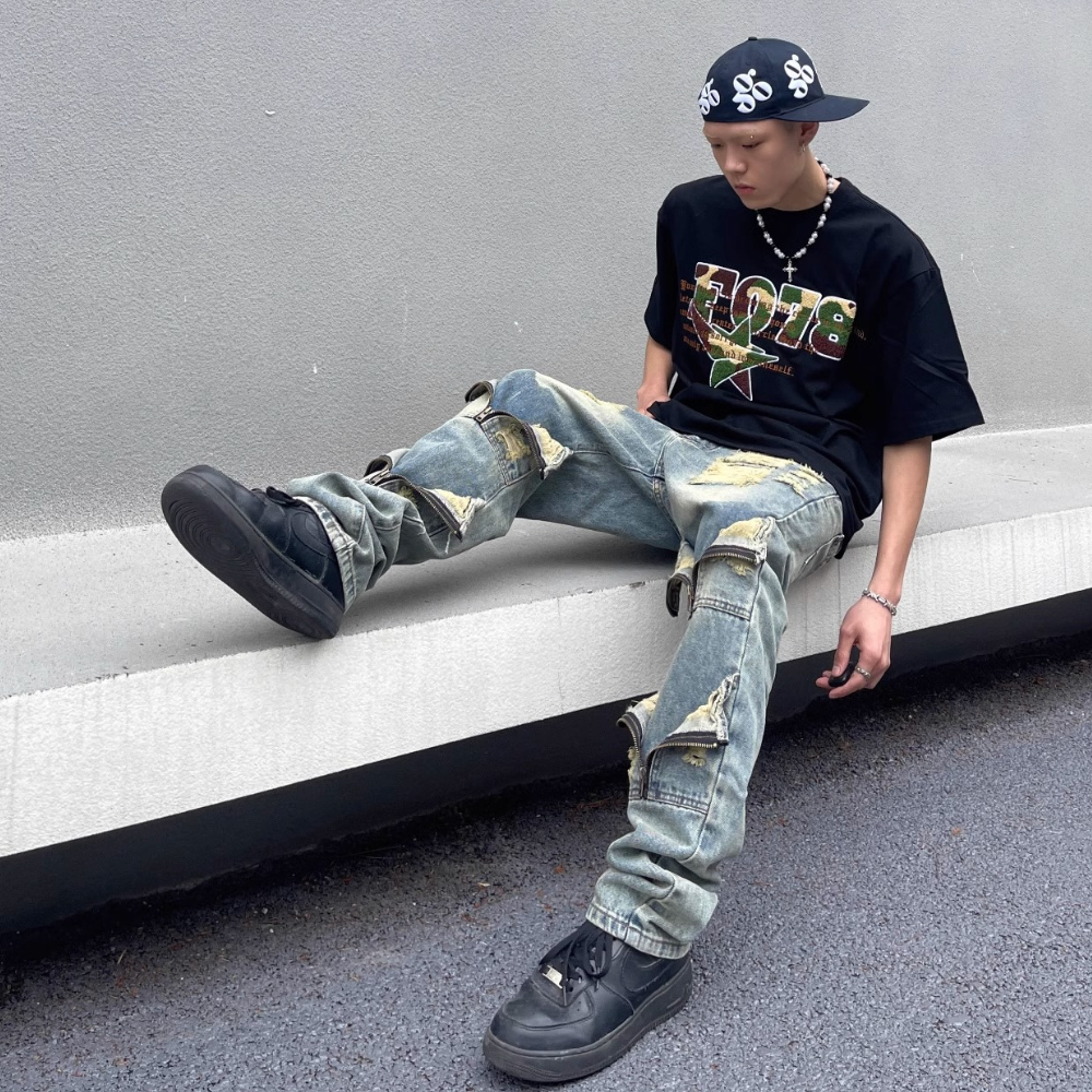 American High Street Distressed Heavy Multi-pocket Unisex Jeans