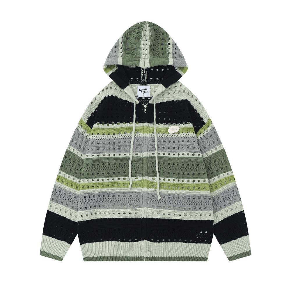 Casual Hollow Rainbow Strip Knitting Zipper Hoodies
